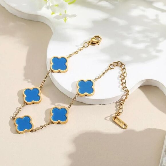 18K Gold Plated Clover Four Leaf Blue Bracelet - Picture 3 of 8